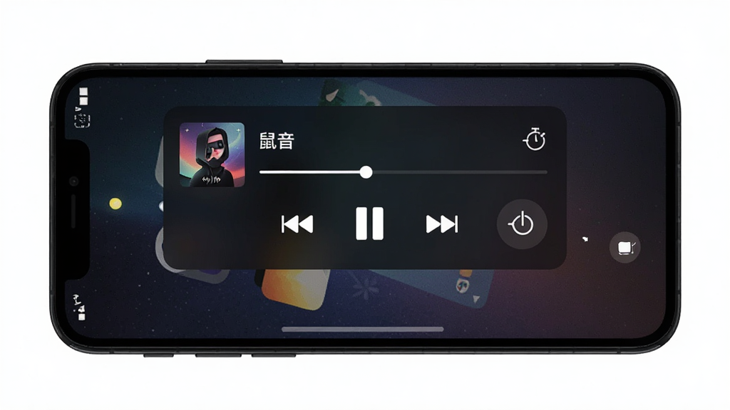 手机锁屏界面展示音乐播放控制卡片,主体为一部横放的手机,布局为锁屏壁纸上方悬浮播放控制条,排版简洁居中,风格为暗色系夜间模式,细节包括专辑封面缩略图、上一首下一首按钮、进度条、定时器图标,画质清晰干净无多余元素,图中文字标注“鼠音”