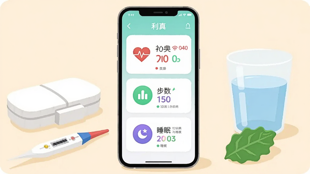 画面中央放置一部竖屏智能手机,手机屏幕上显示简洁的健康数据卡片界面,包含心率、步数、睡眠三个圆形图标,手机左侧摆放一个白色药盒与一支体温计,右侧放一杯清水和一片绿叶,背景为浅米色纯色,整体采用扁平化插画风格,构图干净居中,细节柔和,画质清晰,画面中文字为“利真”,无多余装饰元素