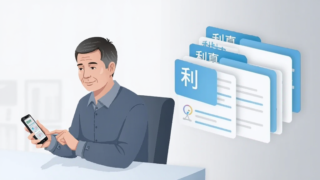 画面左侧为一位中年男性坐在桌前用手机录入数据,右侧为悬浮的健康档案卡片堆叠展示,卡片上带有“利真”字样,卡片颜色为浅蓝与白色交替,背景为淡灰色渐变,采用矢量插画风格,人物表情平和,细节简洁,画质干净清晰,无杂乱元素
