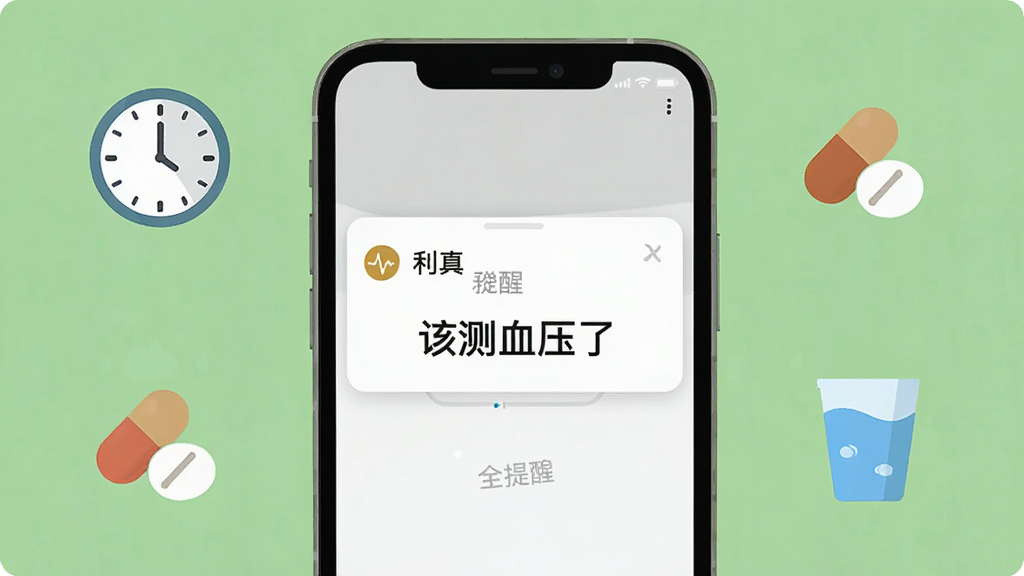 画面中央为一部手机屏幕弹出提醒通知卡片,卡片上写有“利真”与“该测血压了”字样,手机周围环绕时钟、药丸、水杯三个小图标,背景为浅绿色纯色,采用扁平化图标风格,构图居中对称,细节干净,画质清晰,无多余元素