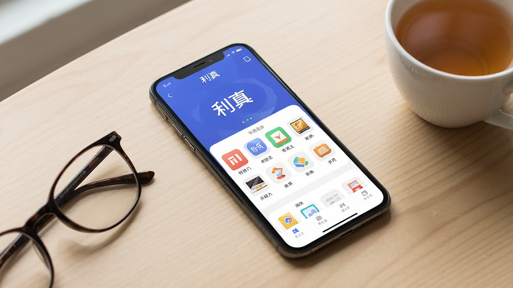 画面为一部手机平放在桌面上,屏幕显示利真软件的主界面,旁边放着一副眼镜和一杯茶,背景为浅木色桌面,采用写实风格,光线柔和,构图简洁,画质清晰,画面中手机屏幕内可见“利真”字样,无多余杂物