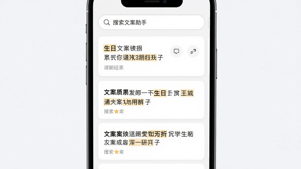 主体为朋友圈文案助手搜索框输入关键词后的结果列表界面,布局为顶部搜索栏配合下方文案卡片纵向排列,排版清晰有序,风格为简约移动端应用风,细节包括搜索框内显示生日关键词和结果高亮匹配文字,画质高清干净无多余元素