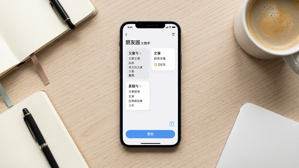 主体为一部智能手机屏幕显示朋友圈文案助手应用界面,布局为手机居中放置于浅色桌面,周围散落几本笔记本和一杯咖啡,排版采用俯视角度拍摄,风格为清新现代数码产品展示风,细节包括屏幕内展示分类文案卡片和复制按钮,画质高清干净无多余元素