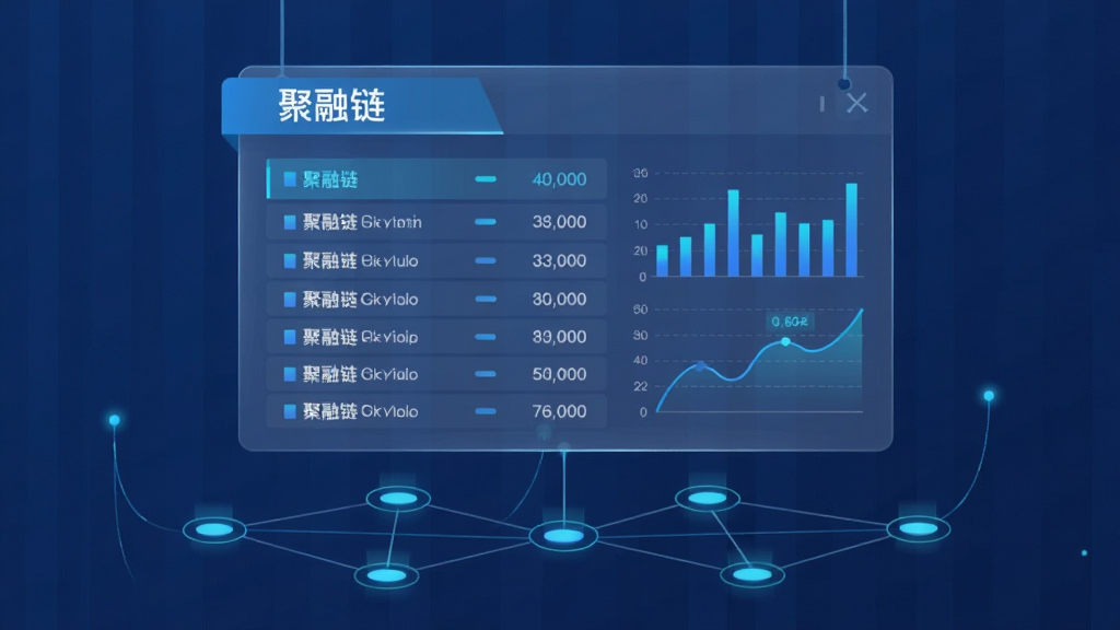 画面主体为一块悬浮的半透明数据面板,面板上呈现“聚融链”字样的标题栏与多条链上数据记录列表,列表旁配有柱状图与折线图;面板下方有若干发光的数据节点通过细线连接,整体布局为上中下三层结构,科技蓝配色,扁平化插画风格,细节干净利落,画质清晰,无多余装饰元素