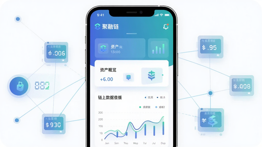 画面中央放置一部竖屏智能手机,手机屏幕上显示“聚融链”应用主界面,界面包含资产概览卡片与链上数据图表;手机两侧漂浮半透明的金融数据节点与连接线条,整体采用深蓝与青绿渐变配色,扁平化科技风格,背景干净无杂乱元素,画质清晰,构图居中,适合作为软件介绍配图