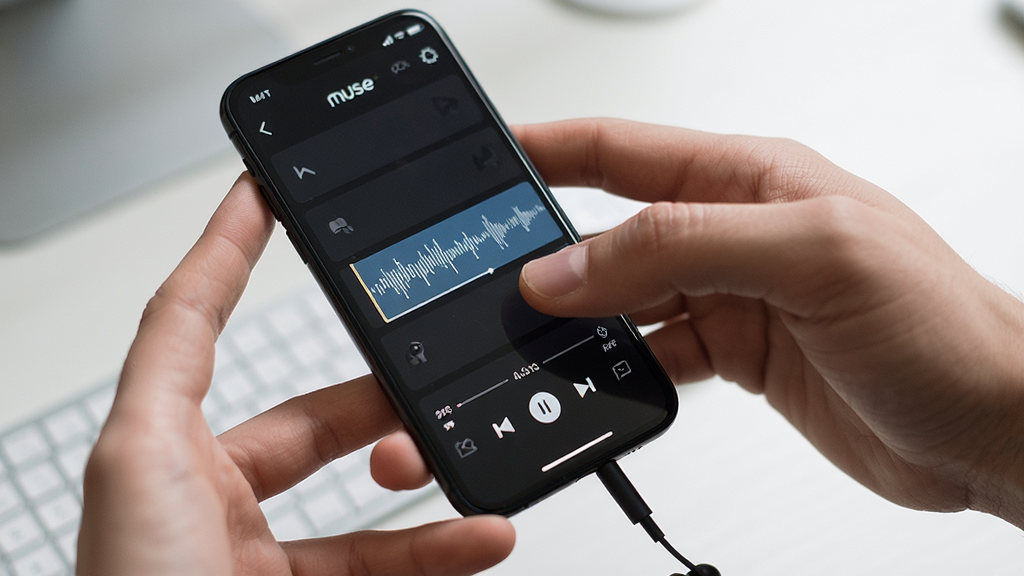 主体为手持手机操作Muse应用界面,布局为第一人称视角,排版突出屏幕内容,风格为写实摄影风,细节包括手指点击音轨与耳机线连接,画质清晰,干净,无多余元素
