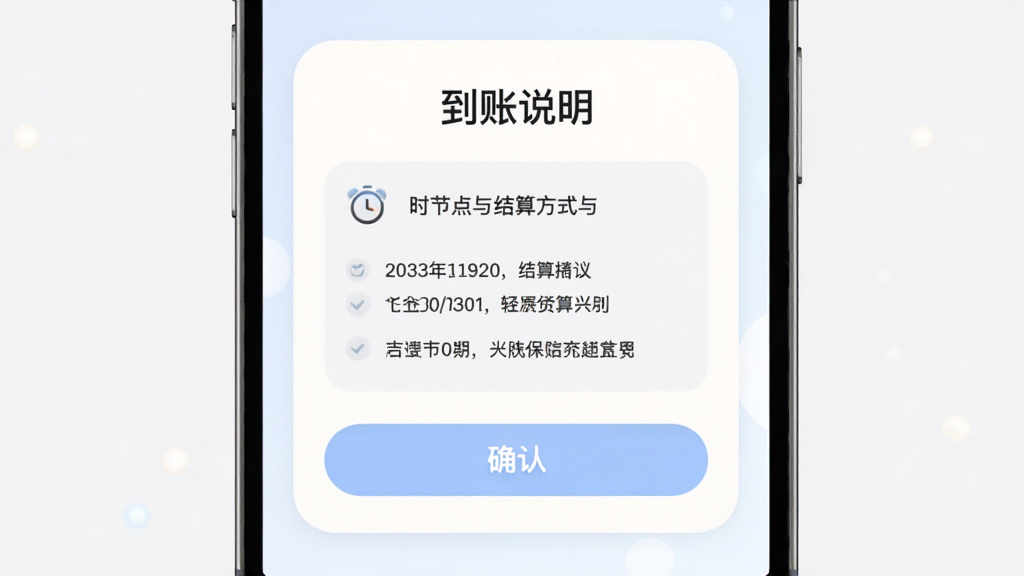 主体为“吉吉收”到账说明页面,布局为居中信息卡,上方为标题“到账说明”,中部为时间节点与结算方式文字,下方为确认按钮,排版简洁,风格为柔和圆角浅色风,细节包含时钟图标、文字条目、浅色底卡,画质高清、干净、无多余元素