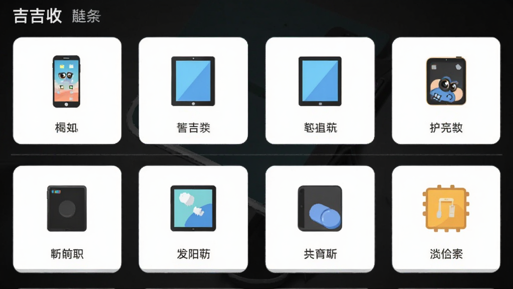 主体为“吉吉收”应用品类列表界面,布局采用网格排列,展示手机、平板等分类图标与文字说明,排版规整,风格为简约卡片风,细节包含分类图标、标签文字、浅灰分隔线,画质高清、干净、无多余元素