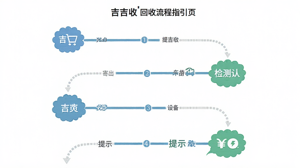 主体为“吉吉收”回收流程指引页面,布局为纵向步骤条,依次展示提交估价、寄出设备、检测确认、到账提示四个节点,排版清晰,风格为扁平流程示意风,细节包含步骤序号、连接线、状态图标,画质高清、干净、无多余元素