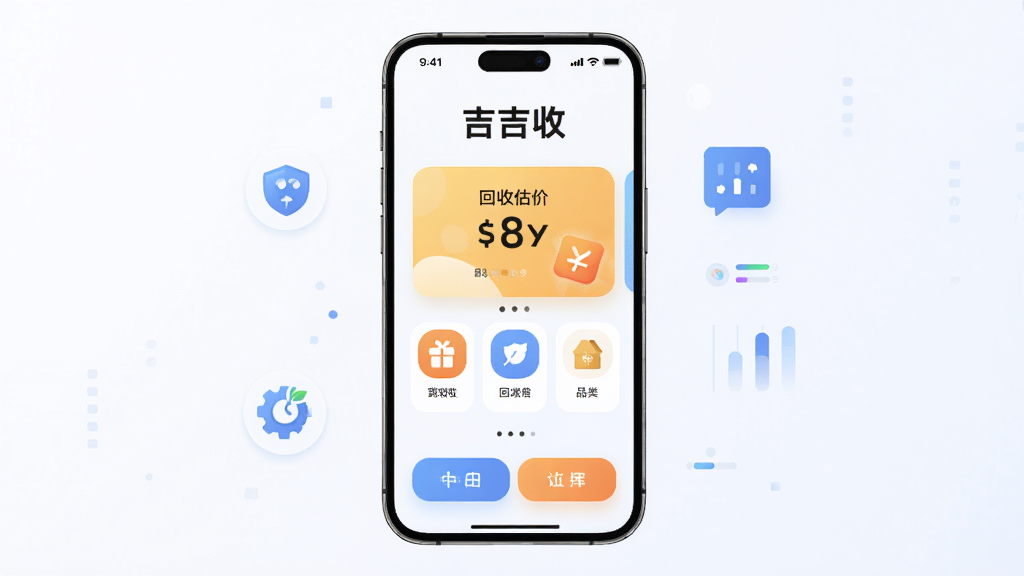 主体为一部智能手机屏幕显示“吉吉收”应用首页界面,布局采用居中对称构图,上方为软件名称“吉吉收”标题,中部为回收估价卡片与品类图标,下方为操作按钮,排版简洁清晰,风格为扁平化现代科技风,细节包含浅色背景、圆角卡片、手机与数据元素点缀,画质高清、干净、无多余元素