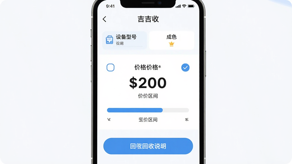 主体为手机屏幕展示“吉吉收”估价结果页面,布局为上下结构,上方为设备型号与成色选项,中部为价格数字与区间条,下方为回收说明按钮,排版整齐,风格为清爽浅色商务风,细节包含价格标签、进度条、勾选图标,画质高清、干净、无多余元素
