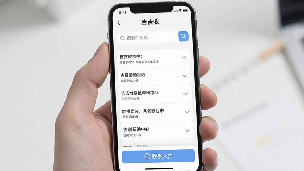 主体为手机屏幕展示“吉吉收”帮助中心与常见问题列表,布局为纵向列表结构,上方为搜索框,中部为问题条目,下方为联系入口,排版清晰,风格为清爽浅色工具风,细节包含搜索图标、折叠面板、浅灰分隔线,画质高清、干净、无多余元素