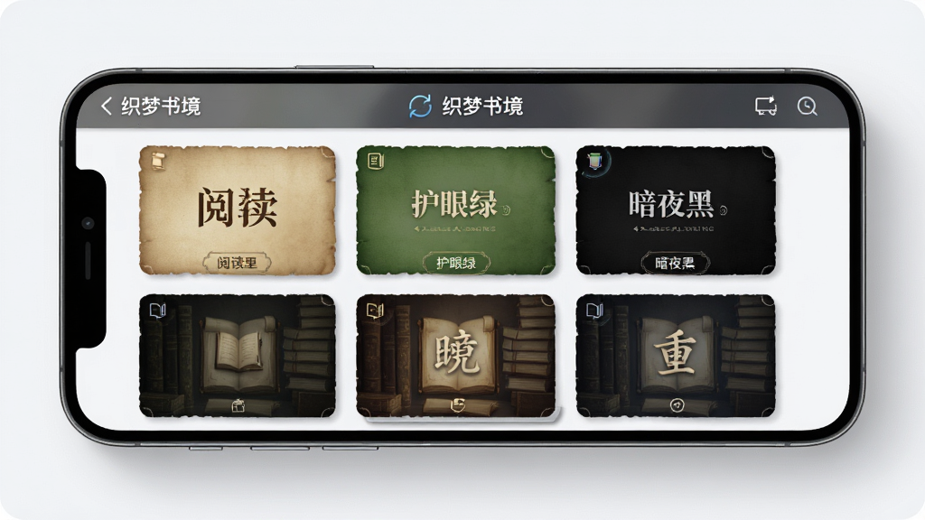 手机屏幕中展示“织梦书境”的智能书境渲染引擎设置界面,画面主体为一部横放的智能手机,屏幕内呈现多种阅读背景样式的缩略图预览,包括羊皮纸、护眼绿、暗夜黑等,布局为网格状排列,风格科技感与书卷气结合,细节包含细腻的图标与柔和阴影,画质清晰干净,无多余元素