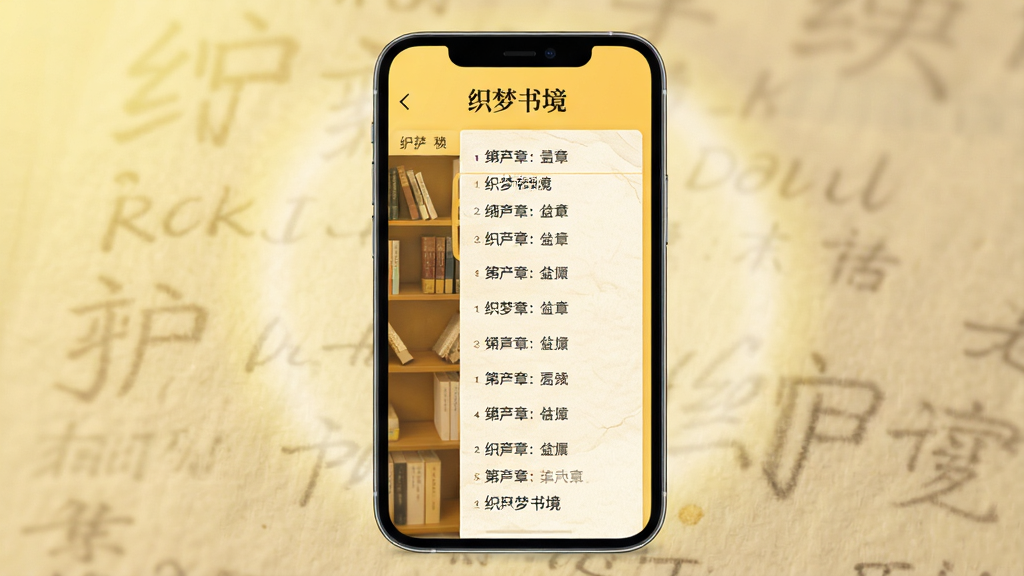 一款名为“织梦书境”的手机阅读软件界面展示,画面主体为竖屏手机屏幕,屏幕内呈现暖黄色护眼背景的小说阅读页,页面顶部有“织梦书境”字样,左侧为书架侧边栏,右侧为章节列表,布局居中对称,风格清新简约,细节包括细腻的纸张纹理与柔和的光晕,画质清晰干净,无多余元素