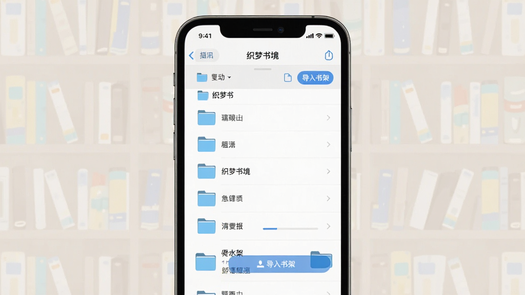 手机屏幕展示“织梦书境”的本地书籍导入界面,画面主体为手机竖屏,屏幕内显示文件管理器的目录列表与“导入书架”按钮,背景有淡淡的书架轮廓,布局为列表式排列,风格清爽实用,细节包含清晰的文件夹图标与进度条,画质清晰干净,无多余元素