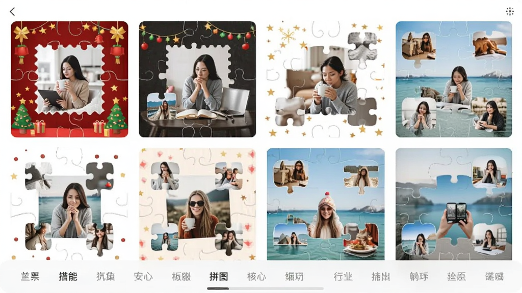 ��Ƭƴͼ����ģ��ѡ����棬��Ļ�������Ŷ��Ų�ͬ����ƴͼģ������ͼ�����������������������⣬ÿ��ģ����Ƕʾ����Ƭ������ײ��з����ǩ�����������������£����ʸɾ�