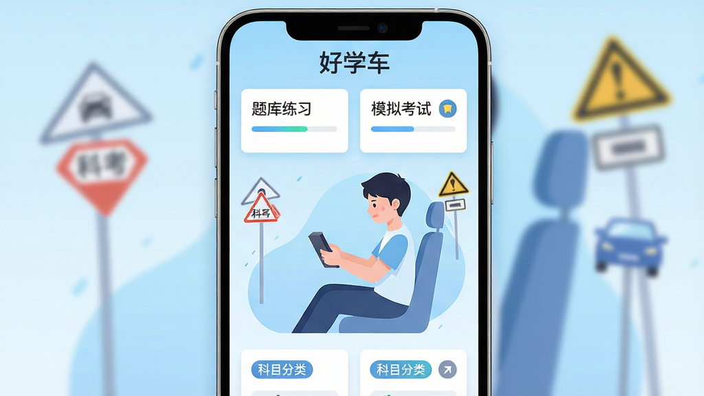 手机屏幕中央展示驾考理论学习界面,顶部显示“好学车”字样,页面布局为题库练习与模拟考试卡片排列,主体为一位年轻学员坐姿刷题的扁平化插画,背景为浅蓝渐变与交通标志元素点缀,风格清爽简约,细节包括进度条、错题本图标、科目分类标签,画质清晰干净,无多余元素