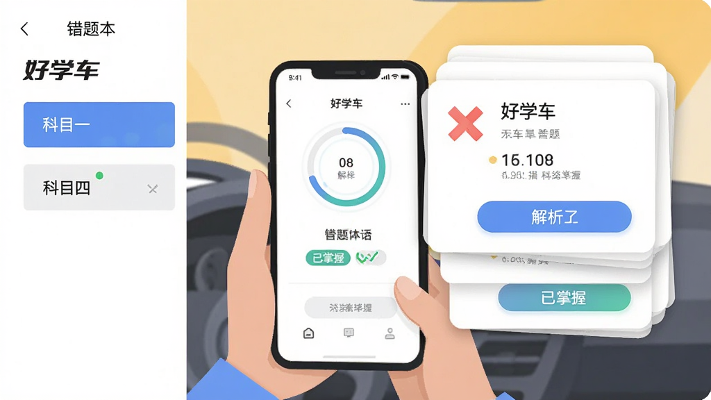 界面展示“好学车”错题本页面,左侧为分类列表标注科目一、科目四,右侧为错题卡片堆叠,卡片上带红色叉号标记与解析按钮,主体为手持手机的用户视角插画,风格简洁明快,细节包含进度环与“已掌握”标签,画质清晰干净