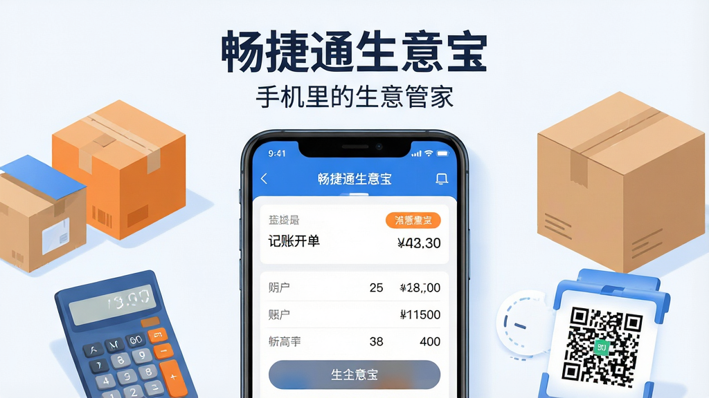 画面主体是一部竖屏安卓手机,屏幕中显示畅捷通生意宝的记账开单界面,周围环绕商品盒、计算器、库存纸箱与收款二维码等经营元素;布局采用中心聚焦式,手机居中,元素环绕两侧;排版上标题文字“畅捷通生意宝”置于顶部居中,副标题“手机里的生意管家”位于下方;风格为清爽商务扁平插画,蓝白主色调搭配少量橙色点缀;细节包括界面按钮清晰、数字账目整齐、光影柔和;画质高清,画面干净,无多余元素。