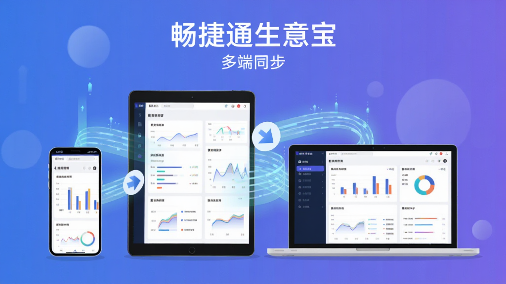 画面主体是手机、平板与笔记本电脑三台设备呈扇形排开,屏幕均显示畅捷通生意宝的数据看板,设备之间用淡蓝色数据流线条连接;布局为横向展开构图,设备高低错落;排版上顶部居中写“畅捷通生意宝”与“多端同步”小字;风格为科技感扁平插画,蓝紫渐变背景;细节包括图表元素、同步箭头、设备边框清晰;画质高清,画面干净,无多余元素。