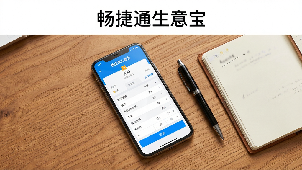 画面主体是一部手机横放在木质桌面上,屏幕显示畅捷通生意宝的开单界面,旁边放着一支笔和一本翻开的记事本;布局为俯视平铺构图,手机位于视觉中心偏左,记事本在右侧;排版简洁,顶部留白处写“畅捷通生意宝”字样;风格为写实产品摄影感,暖木色与蓝白界面形成对比;细节包括屏幕反光自然、单据条目清晰、桌面纹理真实;画质高清,画面干净,无多余元素。