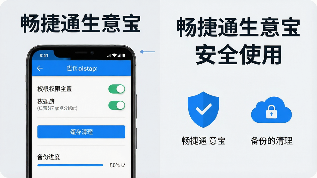 画面主体是一部安卓手机屏幕特写,显示畅捷通生意宝的权限设置与存储清理界面,旁边配有盾牌图标与备份云朵图标;布局为左右分栏,手机在左,图标说明在右;排版上顶部写“畅捷通生意宝”与“安全使用”字样;风格为简洁信息图风格,浅灰背景配蓝色高亮;细节包括权限开关、缓存清理按钮、备份进度条清晰可见;画质高清,画面干净,无多余元素。