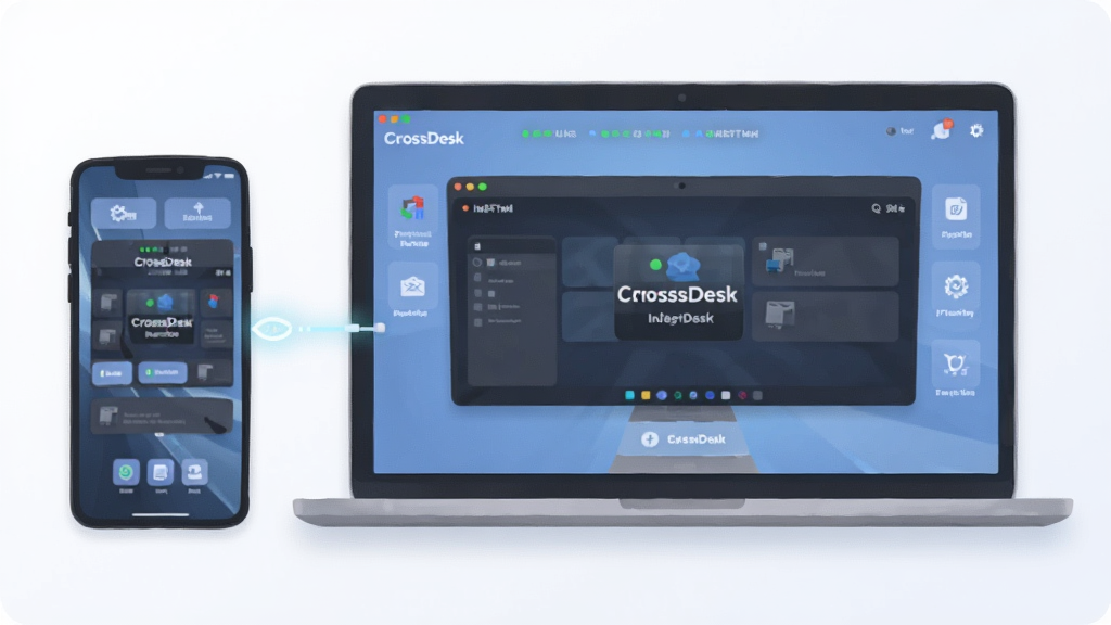 һ��չʾ CrossDesk ����������Ĳ�Ʒ����ͼ������������һ̨�ʼǱ�������һ�������ֻ����Űڷţ�����֮���÷������������������Ļ����ʾԶ������Ĳ������棬���岼�ּ��Գƣ����Ϊ�ִ��Ƽ��б�ƽ�廭��ϸ�ڰ�������״ָ̬ʾ�ơ��豸ʶ�������򡢹��ܰ�ťͼ�꣬���������ɾ����޶���Ԫ�أ�����Ϊǳɫ����