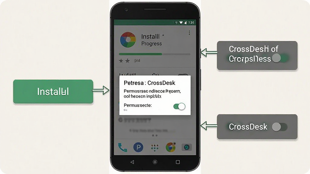 һ��չʾ��׿�ֻ���װ CrossDesk ���̵�ʾ��ͼ������Ϊ�ֻ���Ļ��д����Ļ����ʾ��װ���Ƚ�����Ȩ����ʾ�������Ա����м������ֱ�ע�򣬷��Ϊ�ɾ��Ĳ�Ʒ˵���廭�����־��У�ϸ�ڰ�����װ��ť����������Ȩ�޿���ͼ�꣬��������������Ϊǳɫ��ɫ