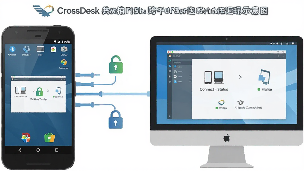 һ�� CrossDesk ��ƽ̨���ӵ�ʾ��ͼ���������Ϊ��׿�ֻ����Ҳ�Ϊ���������ʾ�����м����������������ӣ��ֻ���Ļ����ʾԶ�����洰�ڣ�������Ļ����ʾ���ӹ������棬���Ϊ����ʸ���廭���������ҶԳƣ�ϸ�ڰ���������ͼ�ꡢ�豸ͼ�ꡢ����״̬���֣����������������ɾ�������Ԫ��