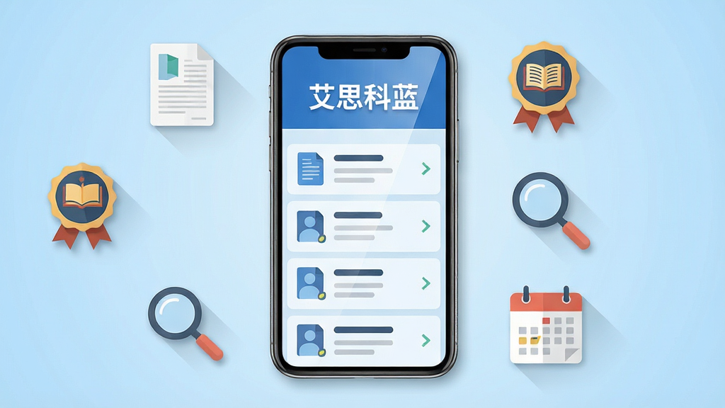 画面中央放置一部智能手机,手机屏幕显示学术会议列表界面,顶部有“艾思科蓝”字样,手机周围环绕学术图标如论文、会议徽章、放大镜、日历等元素,背景为浅蓝色渐变,布局居中对称,风格简洁现代扁平化,细节包括图标阴影与屏幕高光,画质清晰锐利,干净无多余元素