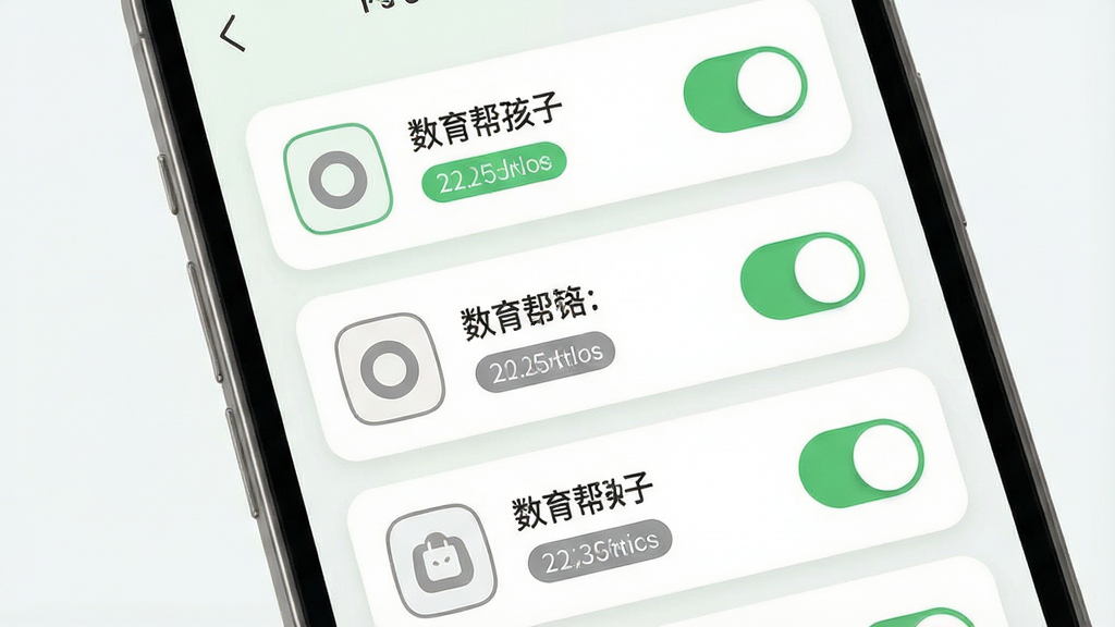 一张数育帮孩子应用分类限制界面效果图,画面主体为手机屏幕内呈现分类卡片列表,布局上卡片纵向排列、每张卡片左侧为图标右侧为开关,风格为清新浅色圆角风,细节包括绿色与灰色两种状态标签、细描边图标和浅色背景,画质清晰干净,无多余元素