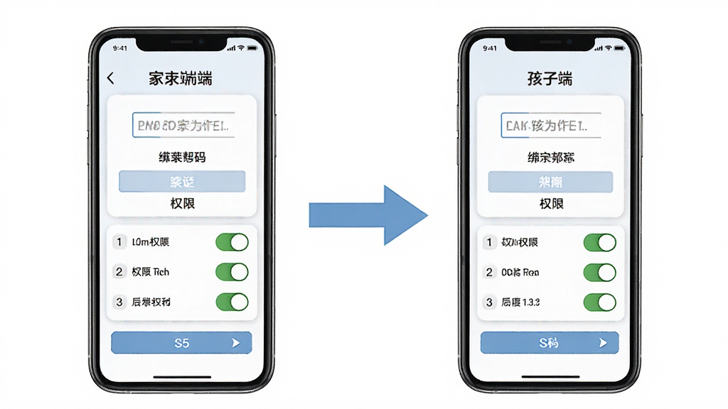 一张数育帮孩子安装绑定流程示意图,画面主体为两部并排的手机,左侧为家长端右侧为孩子端,布局上中间用箭头连接表示绑定关系,风格为简洁说明风,细节包括屏幕内的绑定码输入框、权限开关列表和步骤序号标签,画质清晰干净,无多余元素