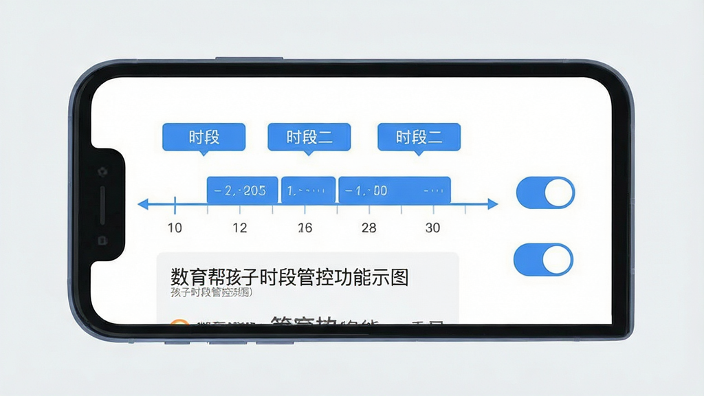 一张数育帮孩子时段管控功能示意图,主体为一部手机屏幕中显示时间轴与开关控件,布局上时间轴横向贯穿画面中部,上方是时段标签,下方是管控说明文字,风格为简约商务扁平风,细节包括蓝色高亮的时间段色块、圆形开关按钮和淡灰色背景,画质干净清晰,无多余元素