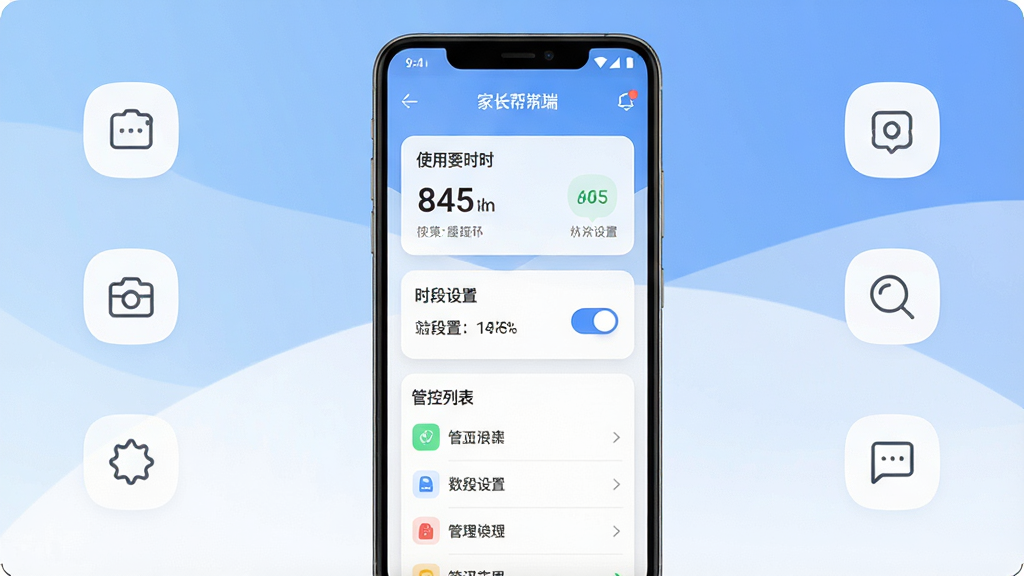 一张展示数育帮孩子手机应用界面的竖版效果图,画面主体是一部居中摆放的安卓手机,屏幕内呈现家长端主界面,包含应用使用时长卡片、时段设置开关和管控列表,手机两侧分布着简洁的功能图标,布局上采用上中下三段式排版,风格为清爽的扁平化科技风,细节包括柔和的蓝白渐变背景、圆角卡片和细线图标,画质清晰干净,无多余元素