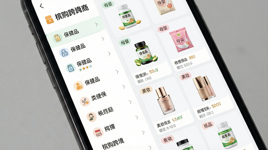 �Ĺ��羳��Ʒ����ҳ��ʾ��ͼ����������Ϊ�ֻ���Ļ��д����Ļ��չʾ�Ĺ��羳APP����Ʒ������棬���Ϊ��Ŀ�б����Ҳ�Ϊ��Ʒ����չʾ����������Ʒ��ĸӤ����ױ�ȷ����ǩ������Ϊ���ҷ����ṹ�����Ϊ��ˬǳɫϵUI��ƣ�ϸ�ڱ���ͼ���������Ű棬���ʸ��壬�ɾ����޶���Ԫ��