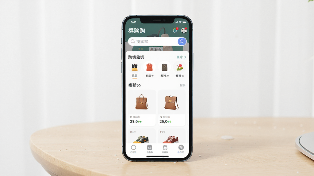 �Ĺ��羳Ӧ����ҳչʾͼ������������һ�������ֻ�����������ǳɫ�����ϣ���Ļ����ʾ�Ĺ��羳APP����ҳ���棬��������������Ʒ����ͼ����Ƽ���Ʒ��Ƭ���������ɾ������Ϊ�ִ���ƽ��UIչʾ���ϸ�������ɼ��ֻ��߿�����Ļ���ݣ����ʸ��壬�ɾ����޶���Ԫ��