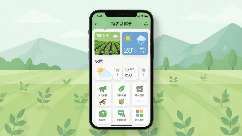 i��ũ�ֻ�Ӧ��������չʾ������������һ�����������ֻ�����Ļ����ʾũҵ������APP��ҳ������ũ�����ݿ�Ƭ��������Ϣ���빦��ͼ���������岼���������ֻ������ǵ���ɫũ����Զɽ���������Ϊ�ִ���ƽ���廭��ϸ�ڰ�������ͼ���������Ӱ�������������ɾ����޶���Ԫ��