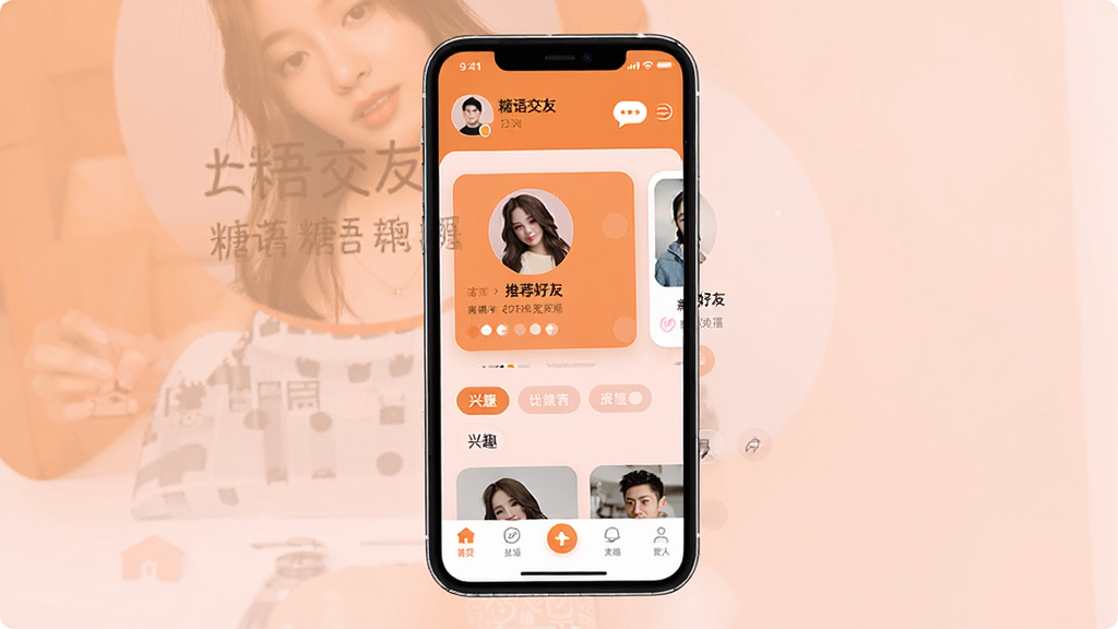 һ��չʾ���ｻ������������ֻ���ĻЧ��ͼ������������һ�����������ֻ�����Ļ�ڳ����罻Ӧ����ҳ���֣��������û�ͷ������Ϣ��ڣ��в�Ϊ�Ƽ����ѿ�Ƭ����Ȥ��ǩ���ײ�Ϊ��������������ɫ��ů����ǳ��Ϊ������������ִ���ϸ�����������ʸɾ����޶���Ԫ��