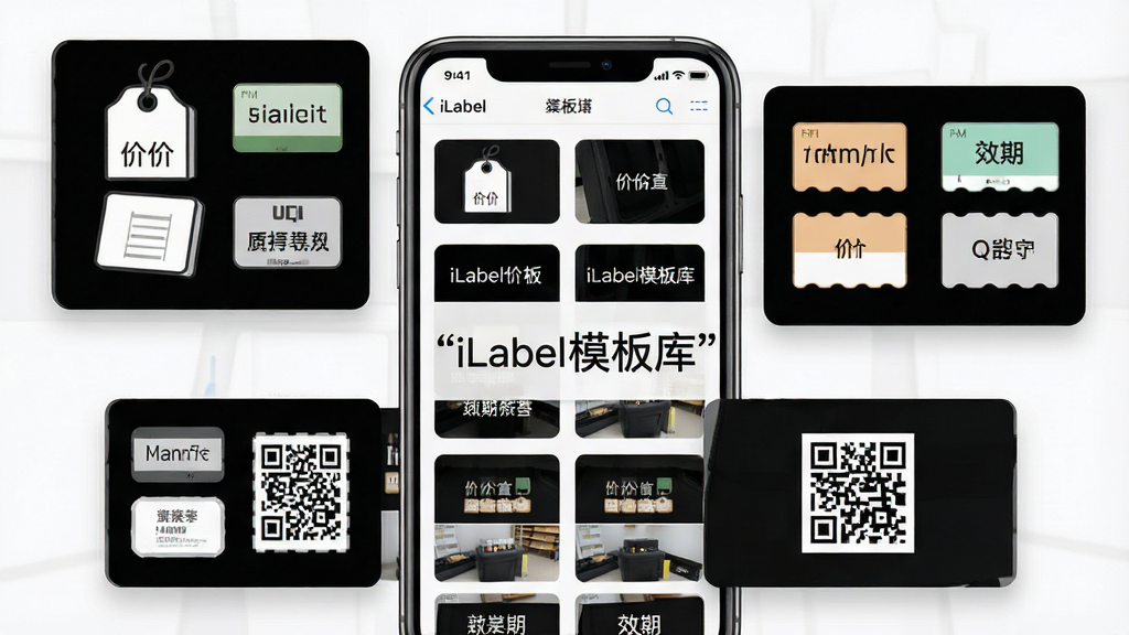 ����ΪiLabel����ģ��ѡ����棬��Ļ���������ж����ҵ��ǩģ������ͼ������Ϊ����չʾ�ֻ����棬��ΧƯ�������Ŵ��ģ�忨Ƭ���Ű���������Ӿ������Ϊ��ƽ��UIչʾ�磬ϸ�ڰ�����ǩ��Ч�ڱ�ǩ���ʲ���ά���ģ��ͼ�꣬�������������ű�ע��iLabelģ��⡱�����ʸ��塢�ɾ����޶���Ԫ��