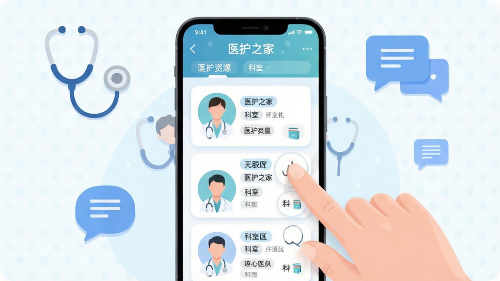 ������չʾ��ҽ��֮�ҡ�Ӧ���ڵ�ҽ����Դ�б����棬�����Կ�Ƭ��ʽ����ҽ����Ա��Ϣ����ұ�ǩ��һλ�û���ָ�ᴥ��Ļ����ɸѡ������������׺��������Ի�����ͼ�꣬����Ϊ�ֻ����С�Ԫ�ػ��ƣ����Ϊ��������ҽ�ƿƼ��廭��ϸ�ڰ�����͸߹����ƽͼ�꣬�����������ɾ����޶���Ԫ��