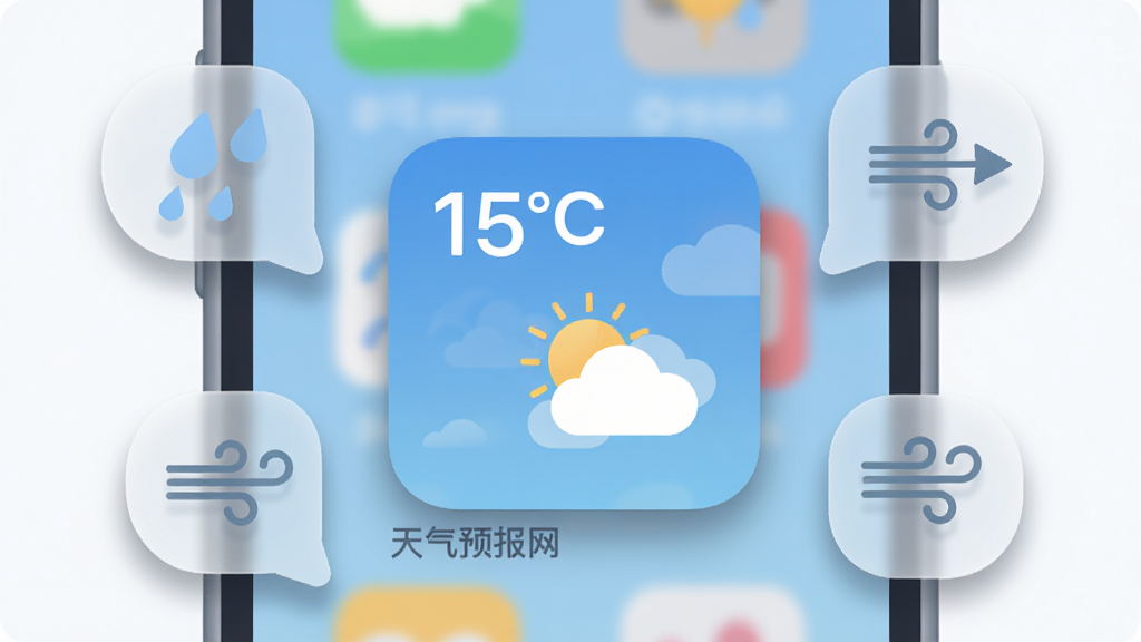 画面主体为手机桌面场景,桌面上放置一个方形天气小组件,组件内显示温度数字与晴转多云图标,手机周围漂浮着几个半透明的天气提醒气泡,气泡内为雨滴与风向图标;布局为居中构图,风格为柔和圆角扁平插画,细节上突出组件阴影与气泡层次,画质清晰干净,无多余元素,画面中可出现