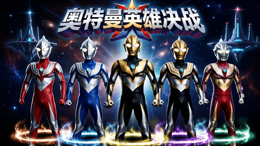 画面中央为五位不同世代的奥特曼战士并肩站立,从左至右依次为红银配色、蓝银配色、金黑配色等不同外观特征,每位战士脚下有对应的能量光环,背景为浩瀚宇宙星空与漂浮的光之国建筑轮廓,画面正上方悬浮“奥特曼英雄决战”立体标题文字,采用高对比度赛博特摄风格,人物比例协调,光影层次分明,画质细腻干净