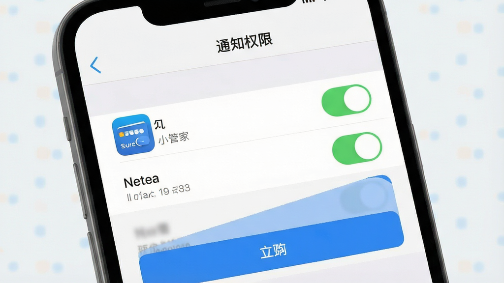 一张手机设置界面截图风格示意图,主体为手机屏幕展示应用权限管理页面,布局为上方标题栏“通知权限”、中部权限开关列表,排版简洁,风格为浅灰质感扁平风,细节包含信用卡小管家应用图标、通知开关处于开启状态、蓝色高亮按钮,画质清晰,画面干净,无多余元素