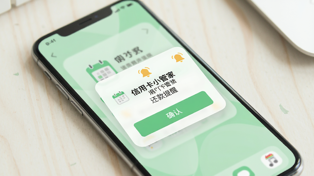 一部手机放置在桌面,屏幕显示“信用卡小管家”的还款提醒弹窗,主体为手机与弹窗界面,布局为手机居中、弹窗浮于屏幕中央,排版突出提醒文字与确认按钮,风格为清新浅色扁平风,细节包含日历图标、铃铛提示符号、浅绿色背景与白色弹窗卡片,画质清晰,画面干净,无多余元素