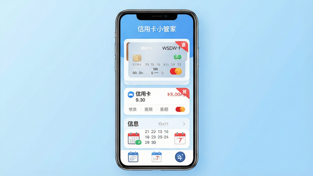 一张手机屏幕展示信用卡管理界面,主体为居中放置的智能手机,屏幕内呈现多张信用卡卡片列表与还款日提醒标签,布局上方为软件名称“信用卡小管家”标题栏,下方为卡片信息和日历提醒图标,排版整齐清晰,风格为扁平化现代科技风,细节包含浅蓝色渐变背景、白色卡片圆角边框、红色还款提醒角标,画质高清,画面干净,无多余元素