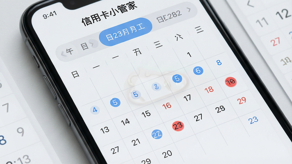 手机屏幕展示“信用卡小管家”的账单周期日历视图,主体为手机与日历界面,布局为上方月份切换栏、中部日历网格标注还款日期圆点,排版清晰有序,风格为素雅极简风,细节包含浅灰色背景、蓝色日期标记、红色还款日高亮圆点,画质高清,画面干净,无多余元素