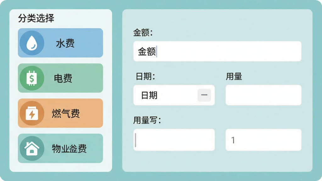 电水费账单管理软件的功能展示图,画面左侧是分类选择面板,列出水费、电费、燃气费、物业费四个图标按钮,右侧是录入表单区域,包含金额输入框、日期选择器和用量填写栏,整体布局清晰,采用柔和的蓝绿色调,扁平化设计风格,界面元素间距合理,画质干净无杂乱
