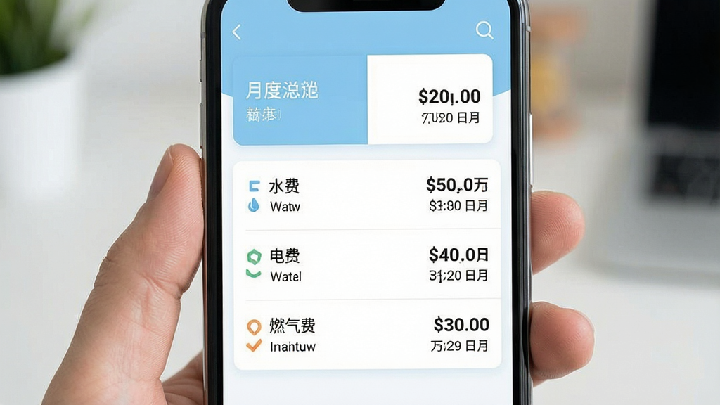 一张展示电水费账单管理软件主界面的手机截图,画面中央是简洁的账单列表,包含水费、电费、燃气费三条记录,每条记录右侧显示金额与日期,顶部有月度汇总卡片,整体采用浅蓝色与白色搭配的清新风格,界面干净整洁,文字清晰可读,画质细腻,无多余装饰元素