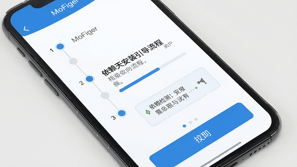 一张手机屏幕展示MoFiger安装引导流程的画面,主体为手机界面中分步骤的安装向导,布局为纵向步骤条加中部说明文字与底部操作按钮,排版清晰层次分明,风格为简洁的蓝白配色工具类界面,细节包括步骤序号圆点、进度条、依赖检测提示框,画质高清干净无多余元素