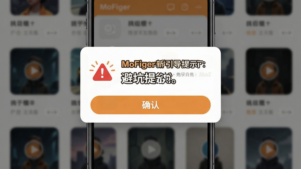 一张手机屏幕展示MoFiger新手引导提示的画面,主体为手机界面弹出避坑提示卡片,布局为居中弹窗加背景模糊的模组列表,排版重点突出,风格为温暖的橙白配色提示风格,细节包括红色警示图标、加粗提示文字和确认按钮,画质高清干净无多余元素